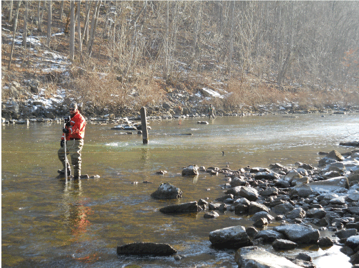Figure 4. Photo showing hydrographers standing in stream upstream and downstream of
                     the spring making streamflow measurements.
