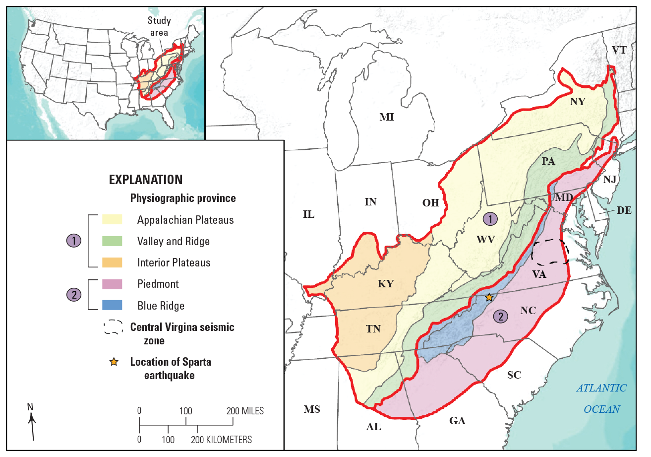 Map of Eastern United States with colors showing physiographic regions and a star
                     for location of Sparta earthquake