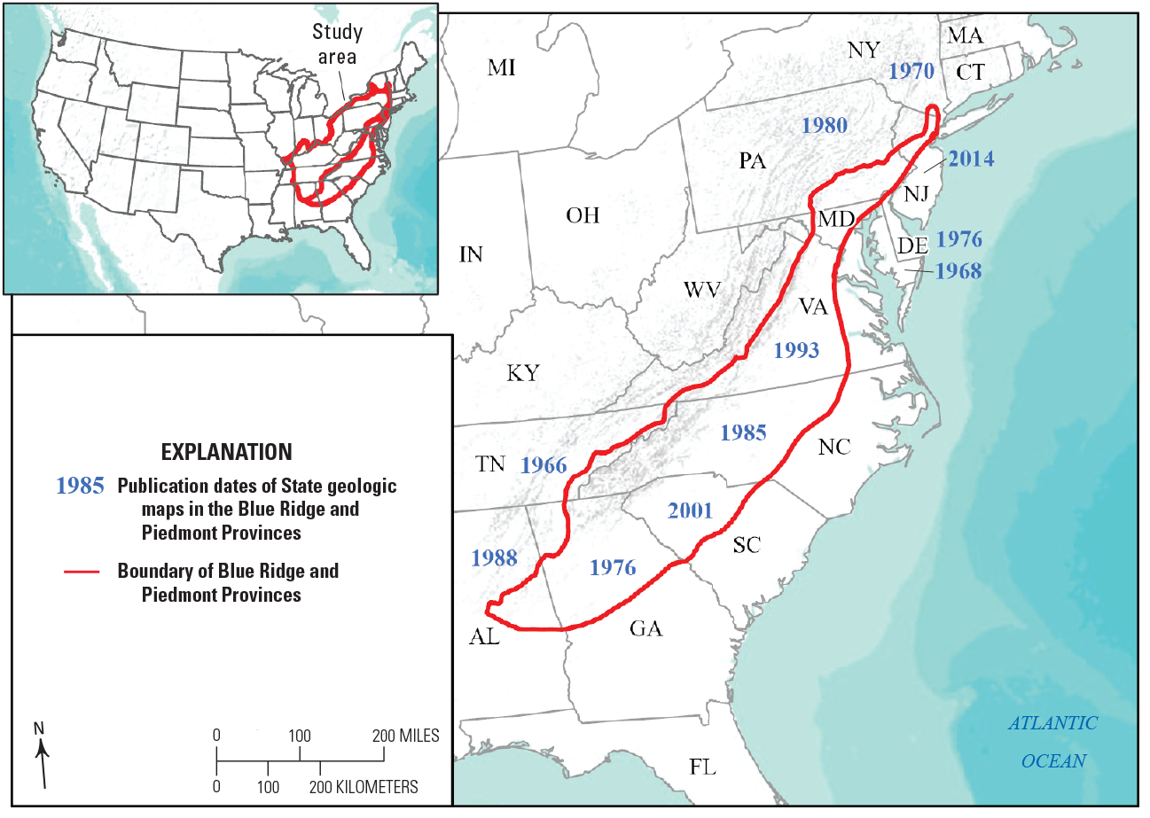 Map of Eastern United States with red line for boundary of Piedmont and Blue Ridge
                        Provinces