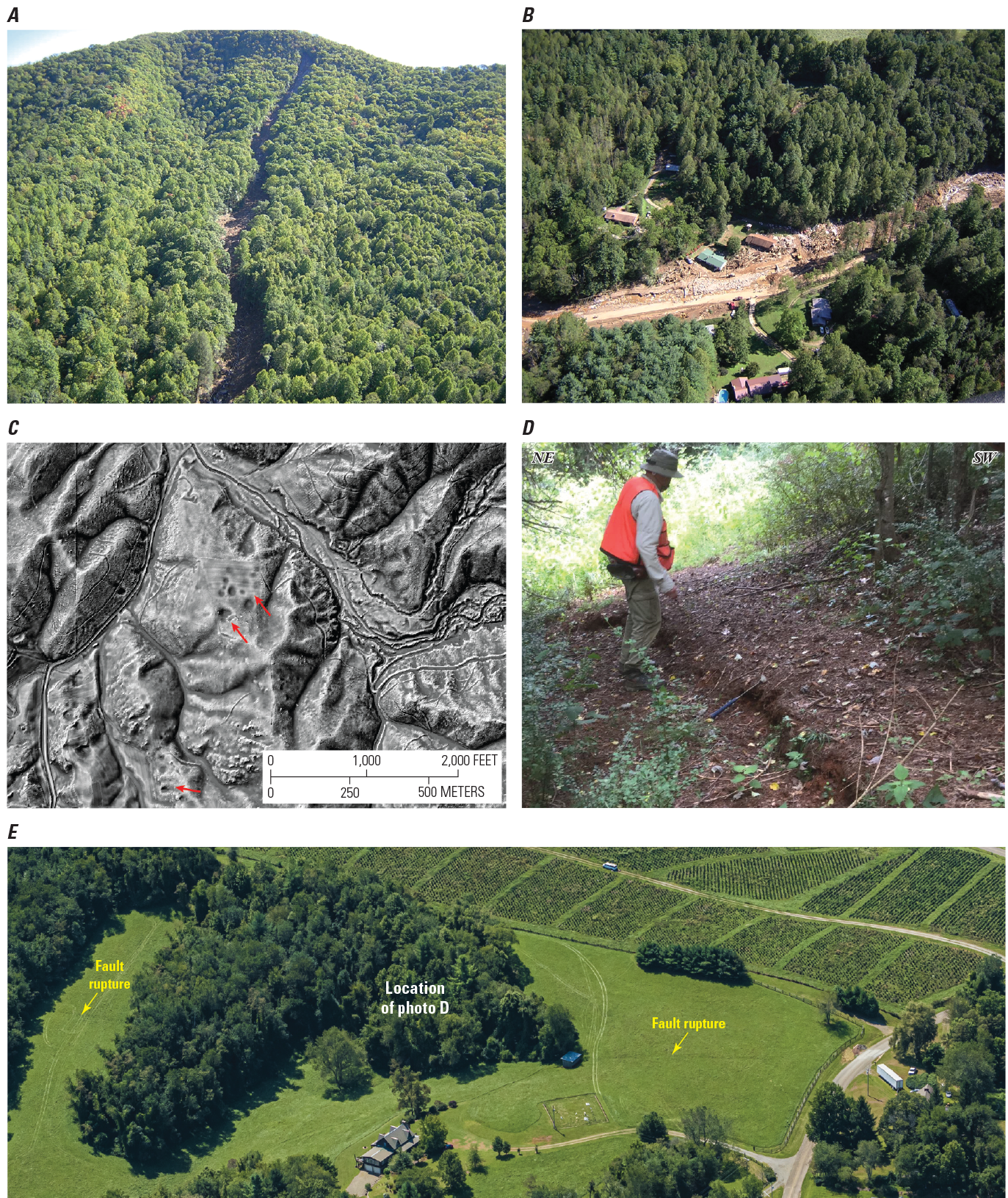 Five photographs showing hilly landscape, houses among trees, lidar topography, person
                        standing in fault line surrounded by trees, and aerial view of fault line with trees
                        and one house