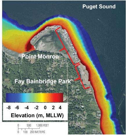 Satellite imagery showing interpolated bathymetry from acoustic survey and topographic
                        data at Fay Bainbridge Park and Point Monroe, Bainbridge Island, Washington