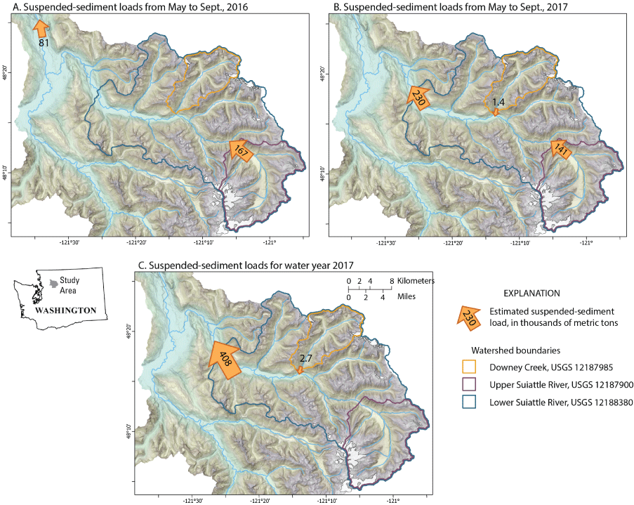 Maps showing estimates of suspended-sediment load in the Suiattle River Basin and
                     lower Sauk River with sub-watershed boundaries for the upper Suiattle River and Downey
                     Creek.