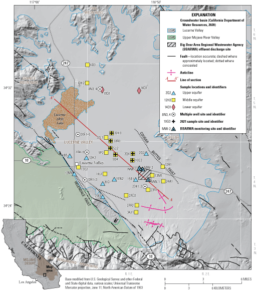 1. Map of Lucerne Valley groundwater basin showng location and aquifer designation
                     of sampling sites as well as major geological features.
