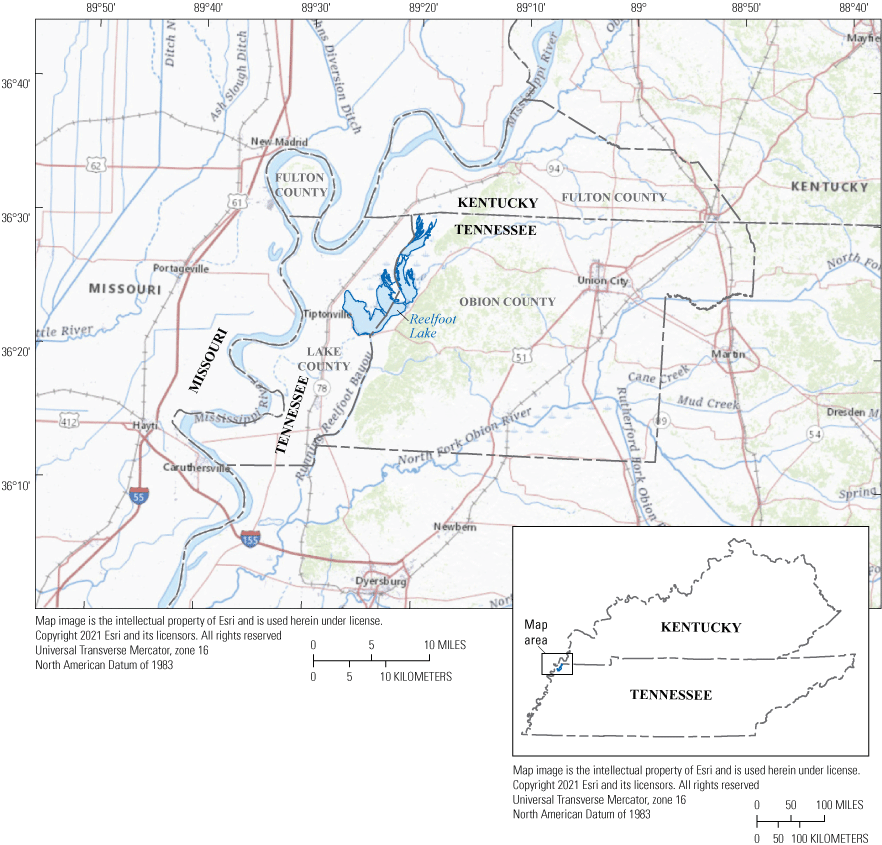Figure 1. Map shows Reelfoot Lake study area in northwestern Tennessee and southwestern
                     Kentucky.