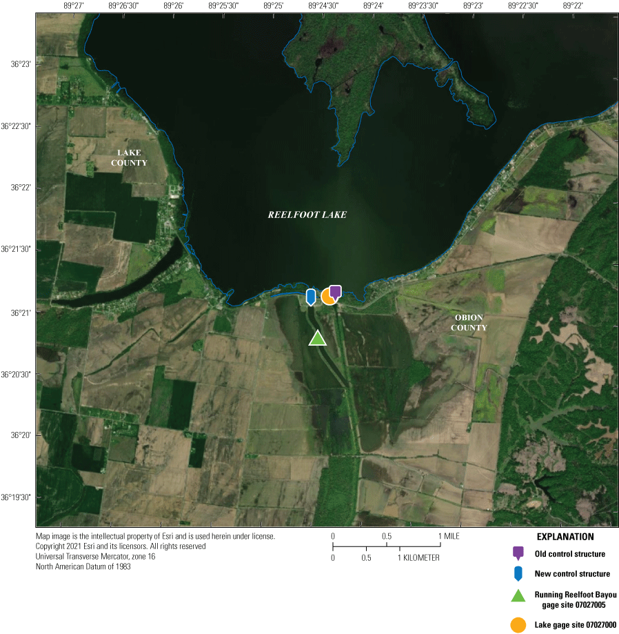 Figure 4. Map shows location of Reelfoot Lake, control structures, and gaging stations.