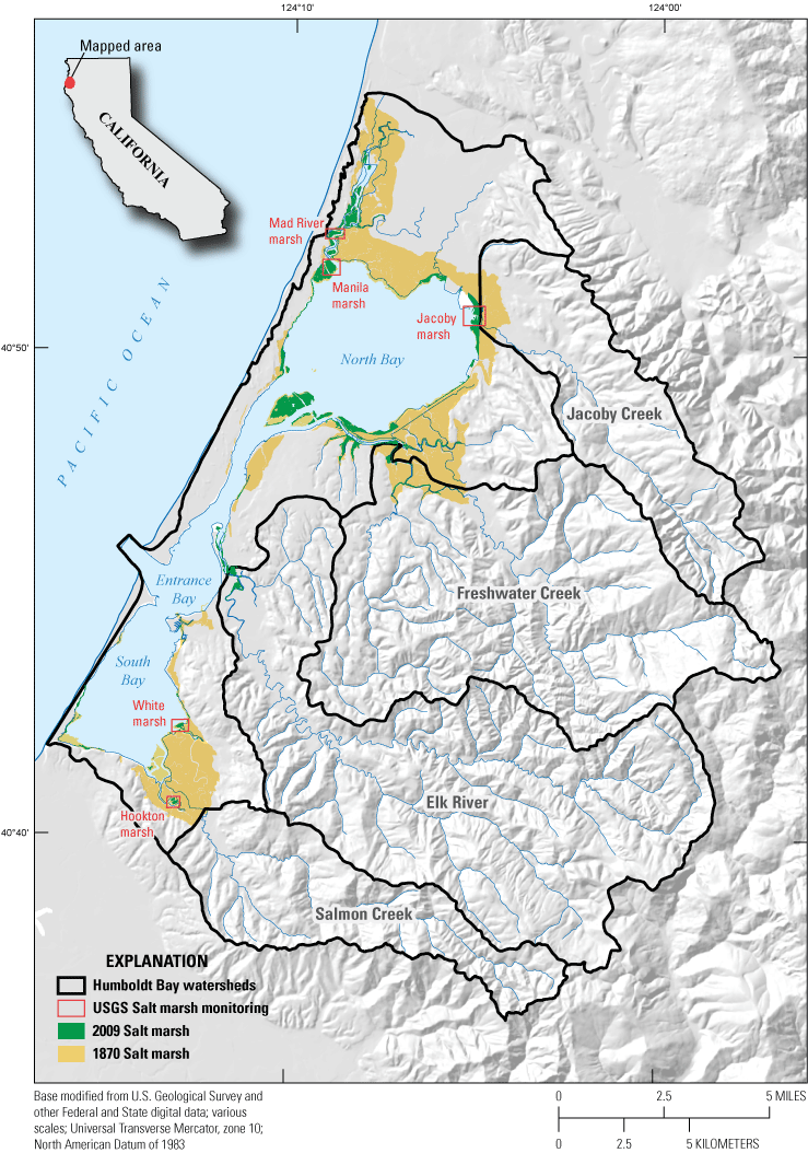 1. Hillshade map showing Humboldt Bay and three subembayments, boundaries of salt
                     marshes in 1870 and 2009, and bounding boxes for five salt marshes.