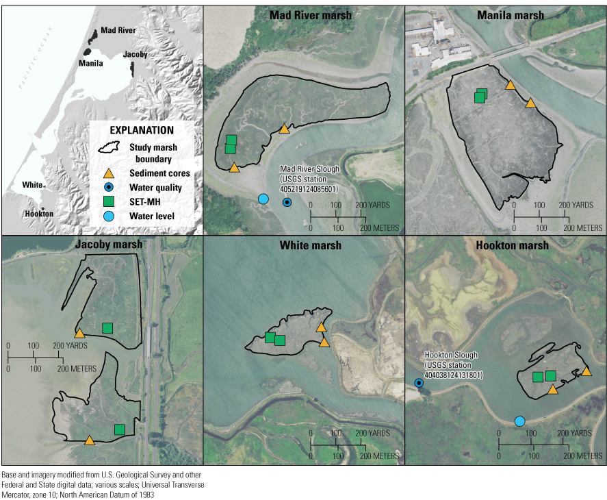 2. A mosaic of aerial images of study marshes with salt marsh boundaries and symbols
                           showing the locations of water-quality and salt marsh monitoring equipment and places
                           where sediment cores were collected.
