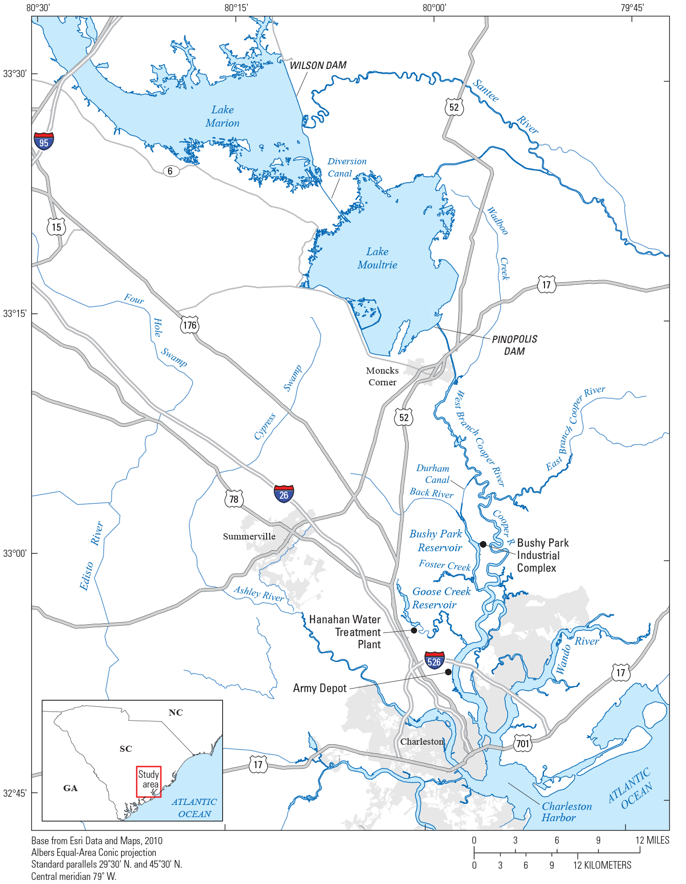 Map showing in study area in South Carolina, including Lakes Marion and Moultrie