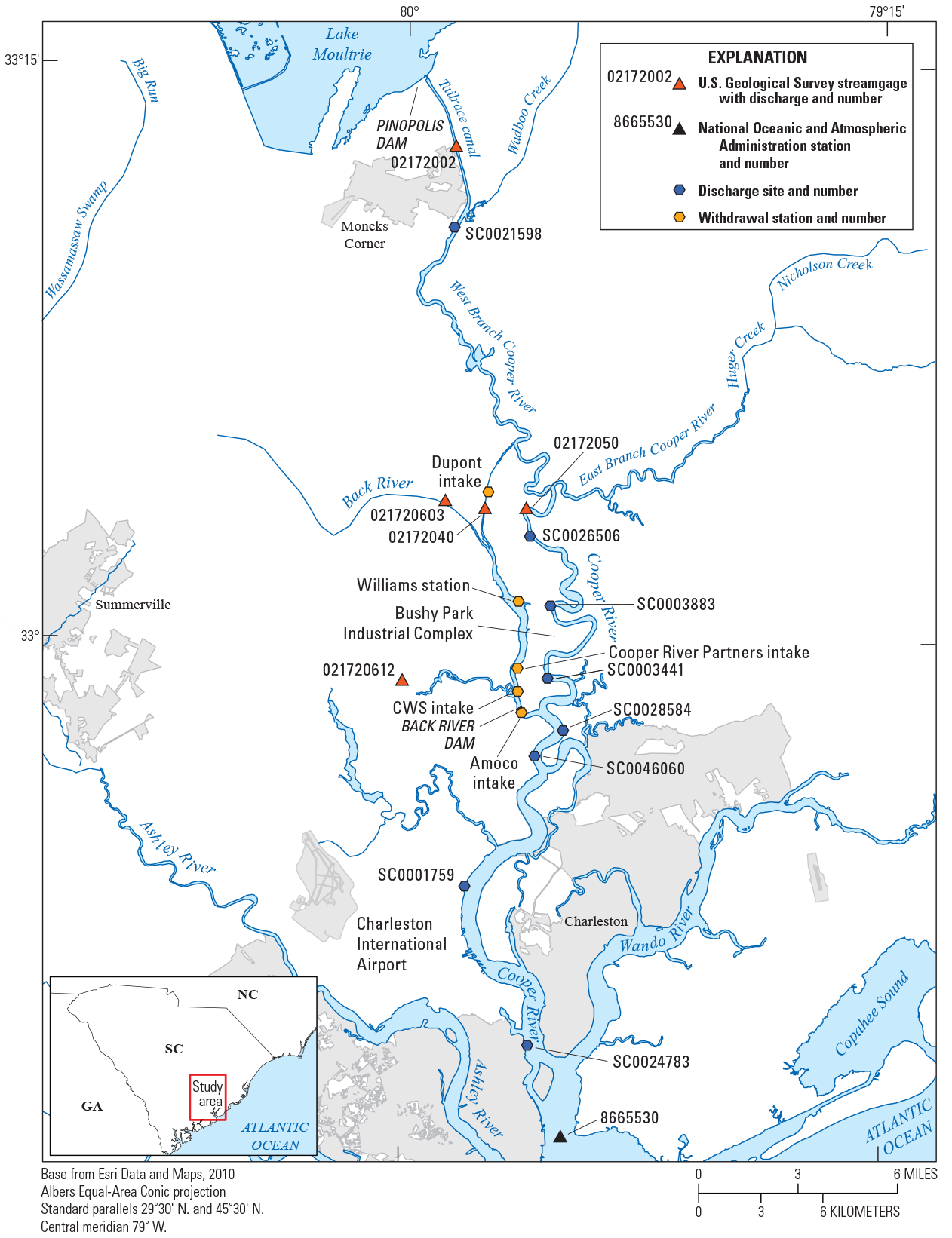 Map with symbols for streamgages, discharge sites, and withdrawal stations in study
                        area in South Carolina