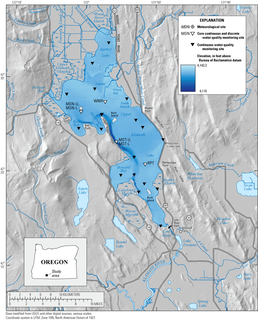 Map showing continuous and discrete water-quality monitoring sites at which U.S. Geological
                     Survey water-quality data used in this study were collected, Upper Klamath Lake, Oregon,
                     2005–19.
