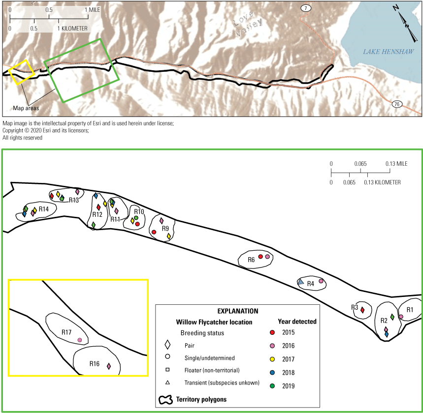 1.1. Overview of the study area with colored lines and symbols for described features.
