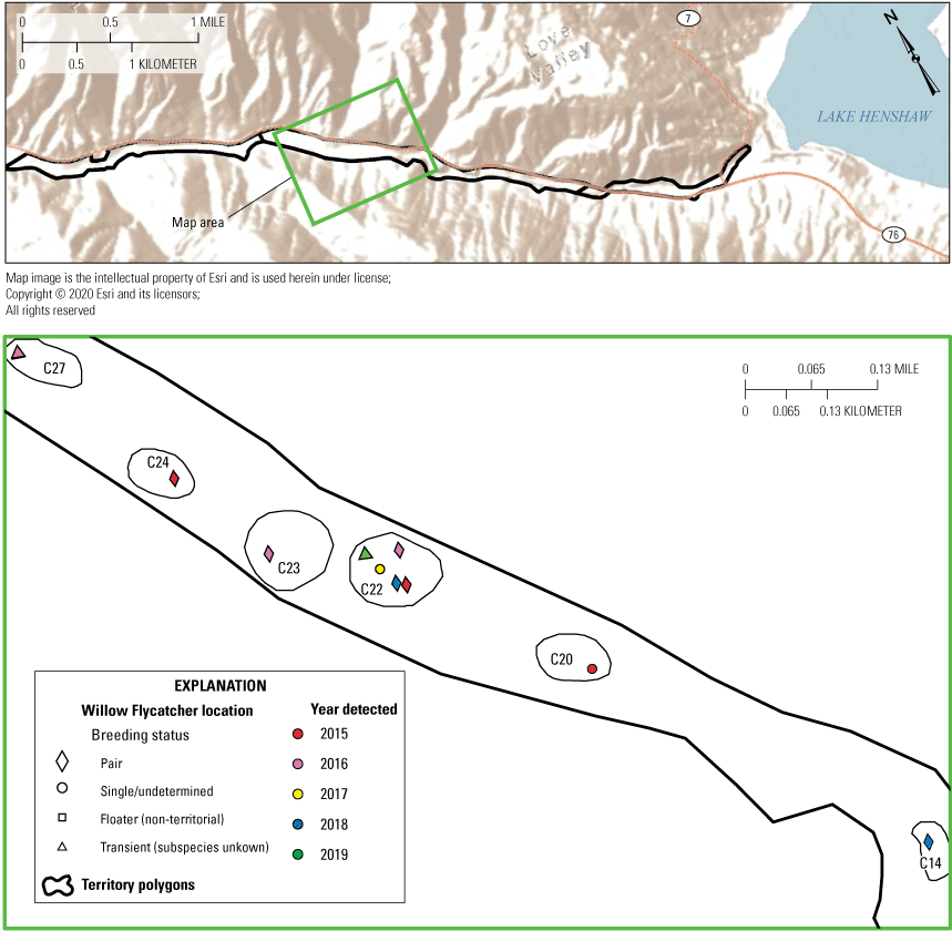 1.2. Overview of the study area with colored lines and symbols for described features.