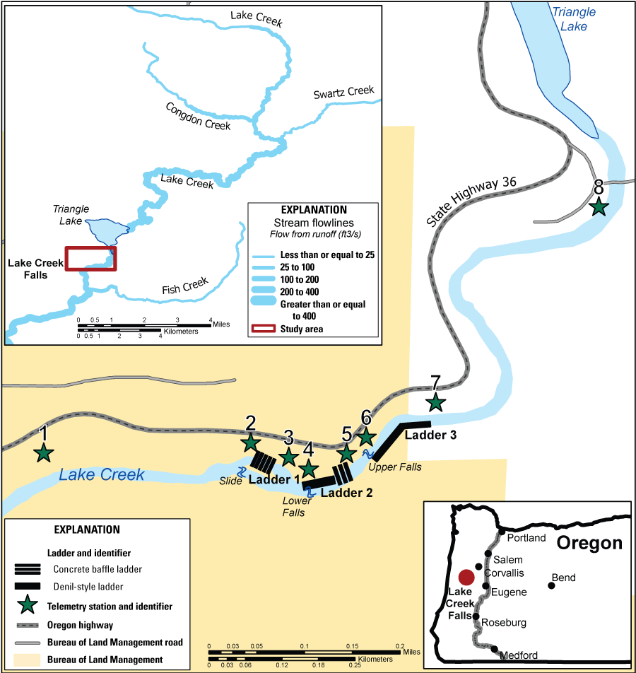 Maps showing upper Siuslaw River Basin, Oregon, including details of Lake Creek Falls,
                     fish passage ladders, and the location of the telemetry receiver stations.