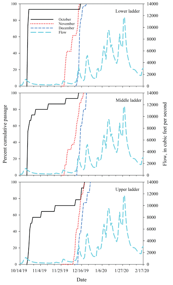 Graphs showing cumulative percentage of passage by date for radio-tagged adult coho
                        salmon that successfully passed upstream over each ladder and Siuslaw River flow in
                        Lake Creek, Oregon, 2019–20.
