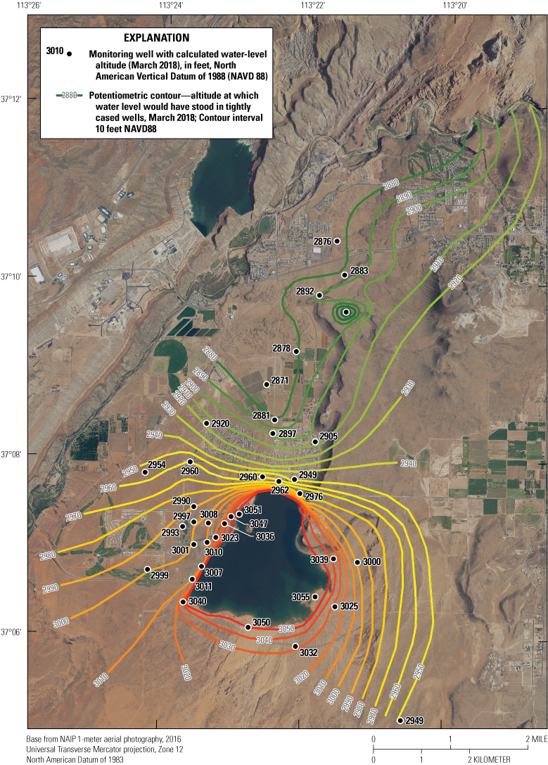 6.	Overview of the study area with colored lines and symbols indicating the potentiometric
                           contours.