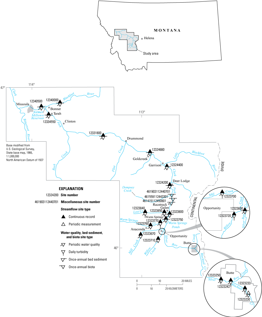 Map showing creeks and rivers and sites, labeled by type, in the study area.