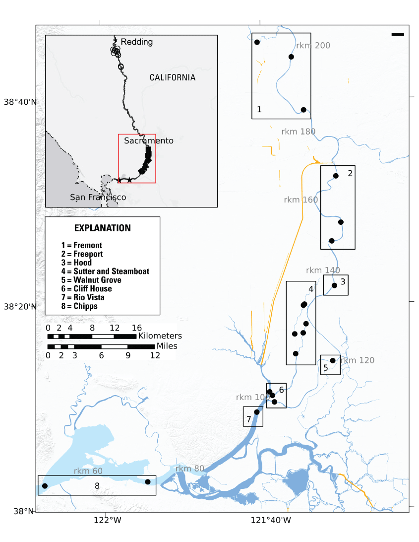 Map showing locations of acoustic telemetry receivers (filled symbols) in the Sacramento
                        River, in California for a study of juvenile green sturgeon behavior and movement,
                        2016–20. Open circles on the upper portion of the inset map are release locations.