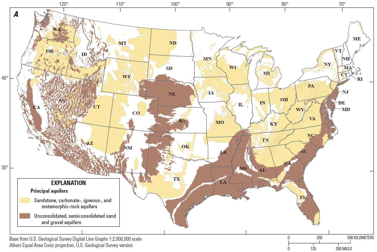 The principal aquifers of the United States that are designated as fractured rock
                     are primarily in the eastern, upper Midwest and western United States. Secondary hydrogeologic
                     regions are primarily fractured rock and cover parts of the United States that are
                     not designated as principal aquifers.