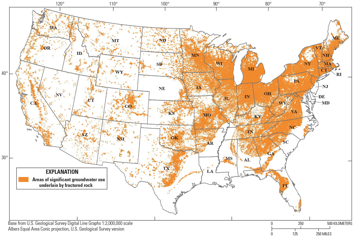 Significant groundwater usage in areas underlain by fractured rock are primarily in
                     the eastern and the upper Midwest United States