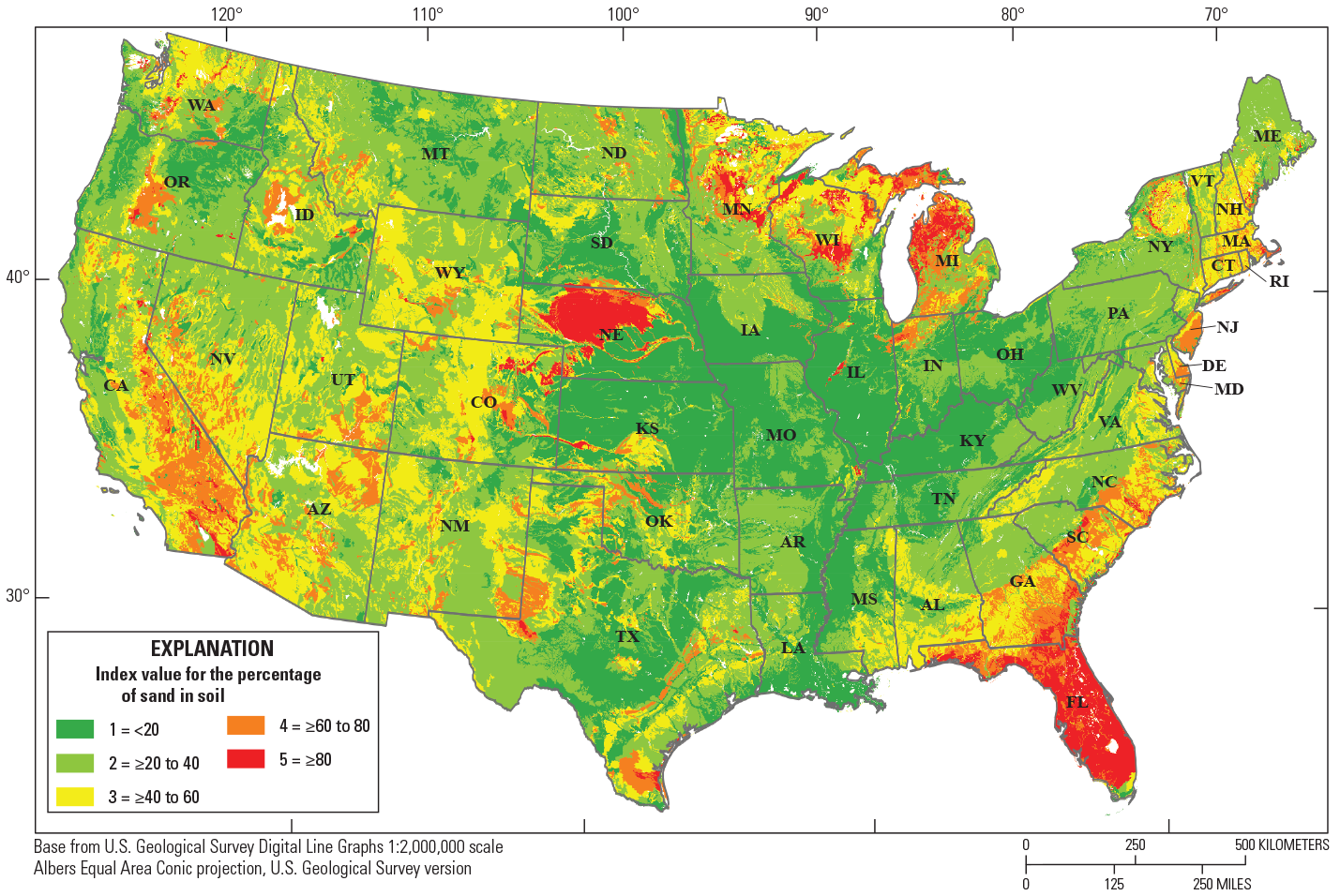 The greatest percentage of sand in soil occurs along the east coast, the upper Midwest,
                        and sedimentary basins of the western United States
