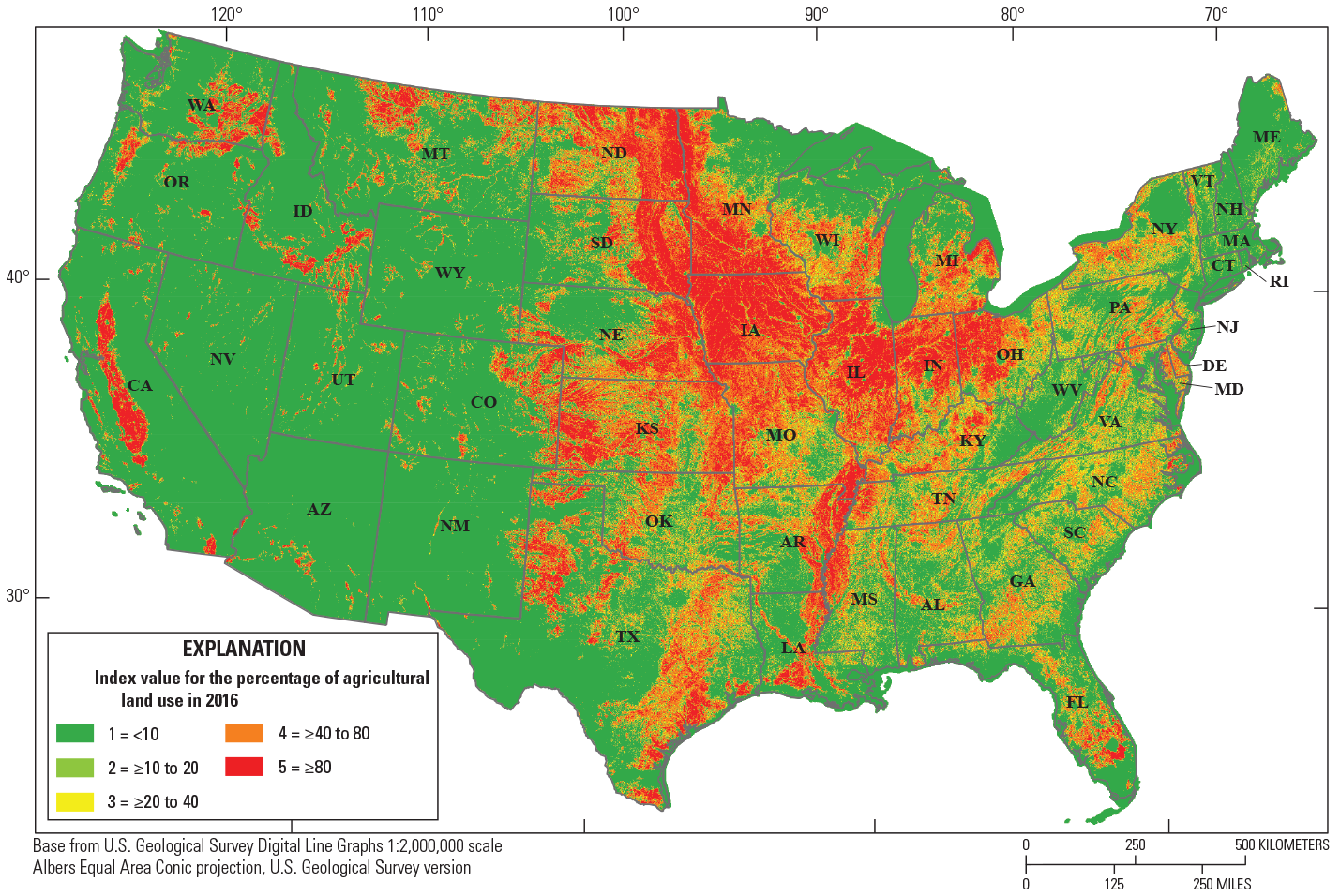 Agricultural land use is greatest throughout the central part of the United States
                        from the Canadian border to Texas, and the Central Valley of California