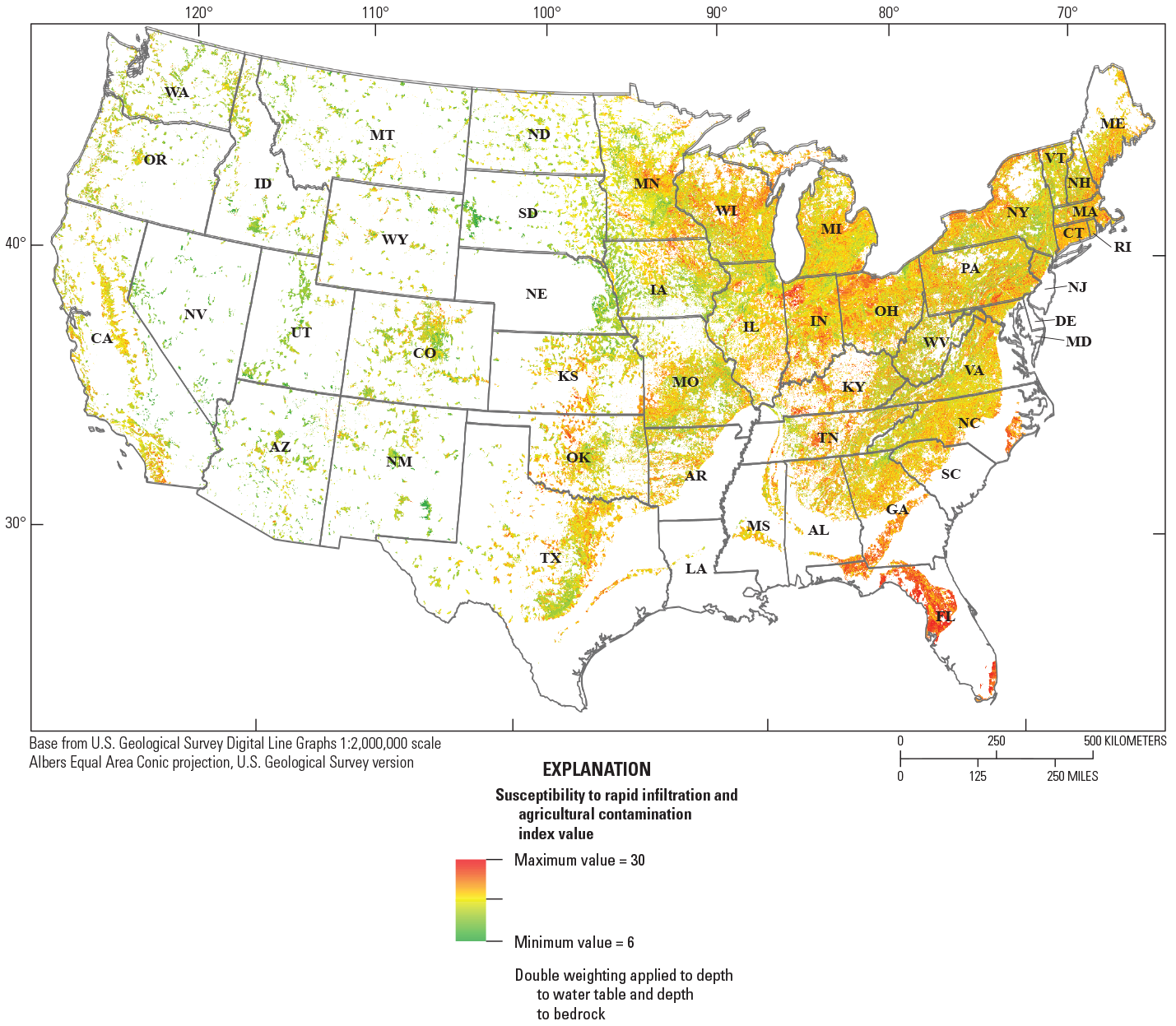 The index of susceptibility to rapid infiltration in agricultural areas of the United
                     States is greatest in Florida and the upper Midwest