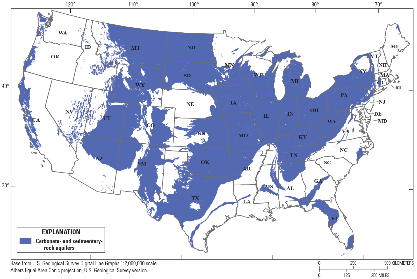 Carbonate- and sedimentary-rock aquifers are found primarily in the upper Midwest
                        and central parts of the United States