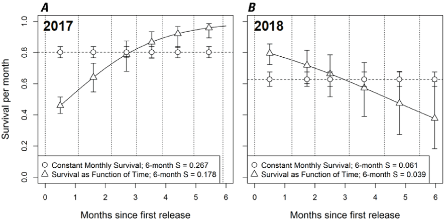 Boxplots showing monthly survival estimates for subyearling Chinook salmon in Lookout
                     Point Reservoir during April (0)–October (6) (A) 2017 and (B) 2018. The survival (S)
                     relation was estimated as constant monthly survival (open circles) and as a function
                     of time-since-release (triangles) for each year. The inset legend provides estimates
                     of total survival probability of 6 months. Symbols identify point estimates for survival
                     and whiskers identify the 95-percent credible intervals of the point estimates.