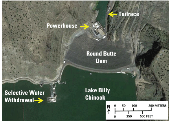 The Selective Water Withdrawal structure is in Lake Billy Chinook, approximately 200
                        meters from Round Butte Dam.