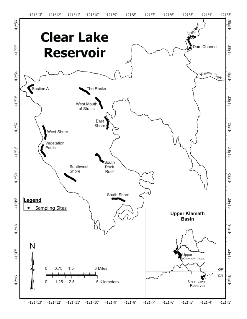 Map showing locations of sample sites used to capture juvenile suckers in Clear Lake
                     Reservoir, Modoc County, California, 2020.