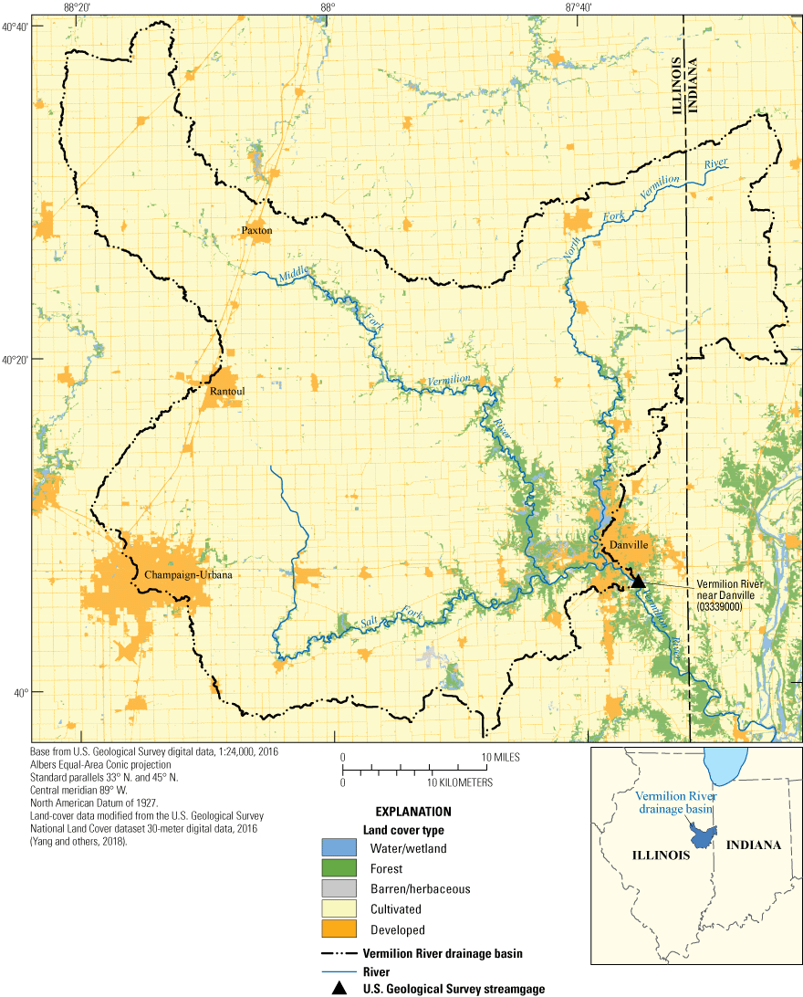 Location of the streamgage on the Vermilion River and land use in the Vermilion River
                     Basin.