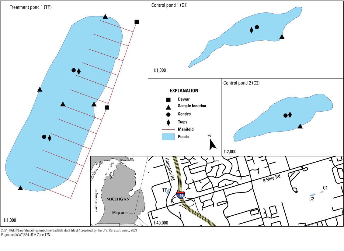 Layout of equipment and proximity of location between treatment and control ponds.