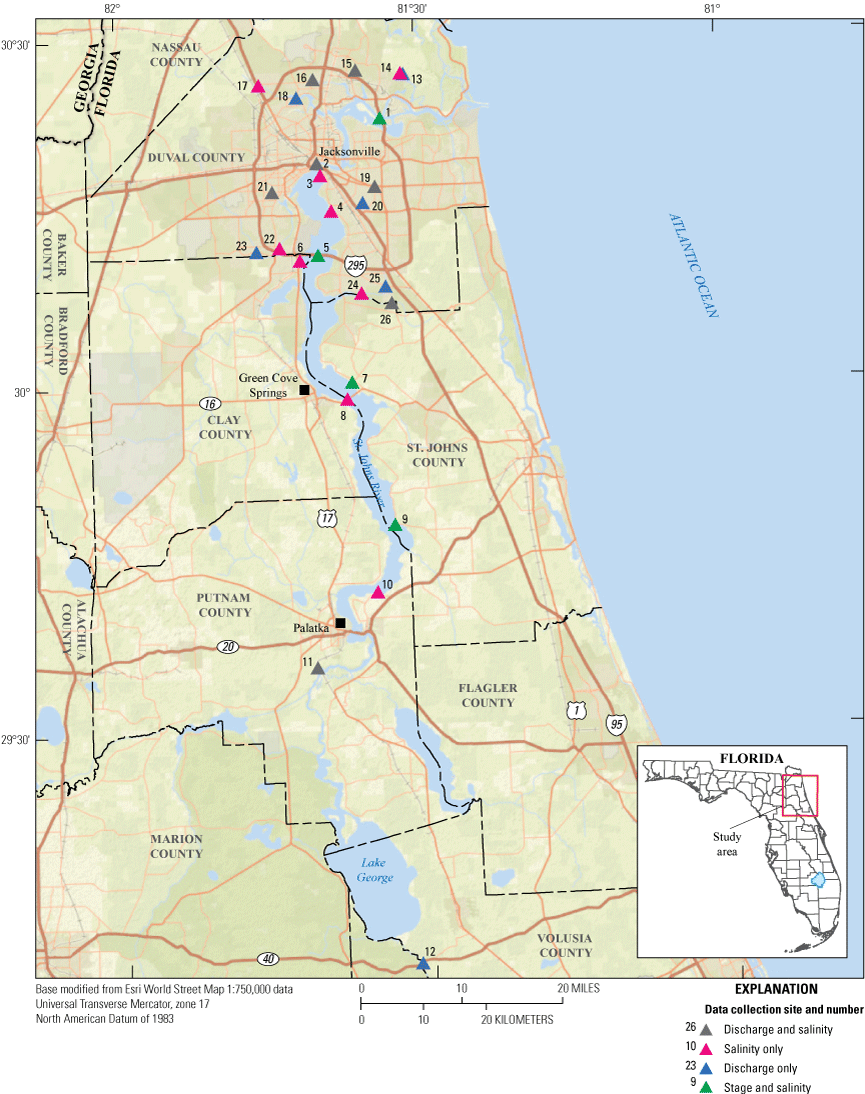 Figure 1. Map of data collection sites on the St. Johns River and its tributaries
                     with a concentration of sites in Duval County.