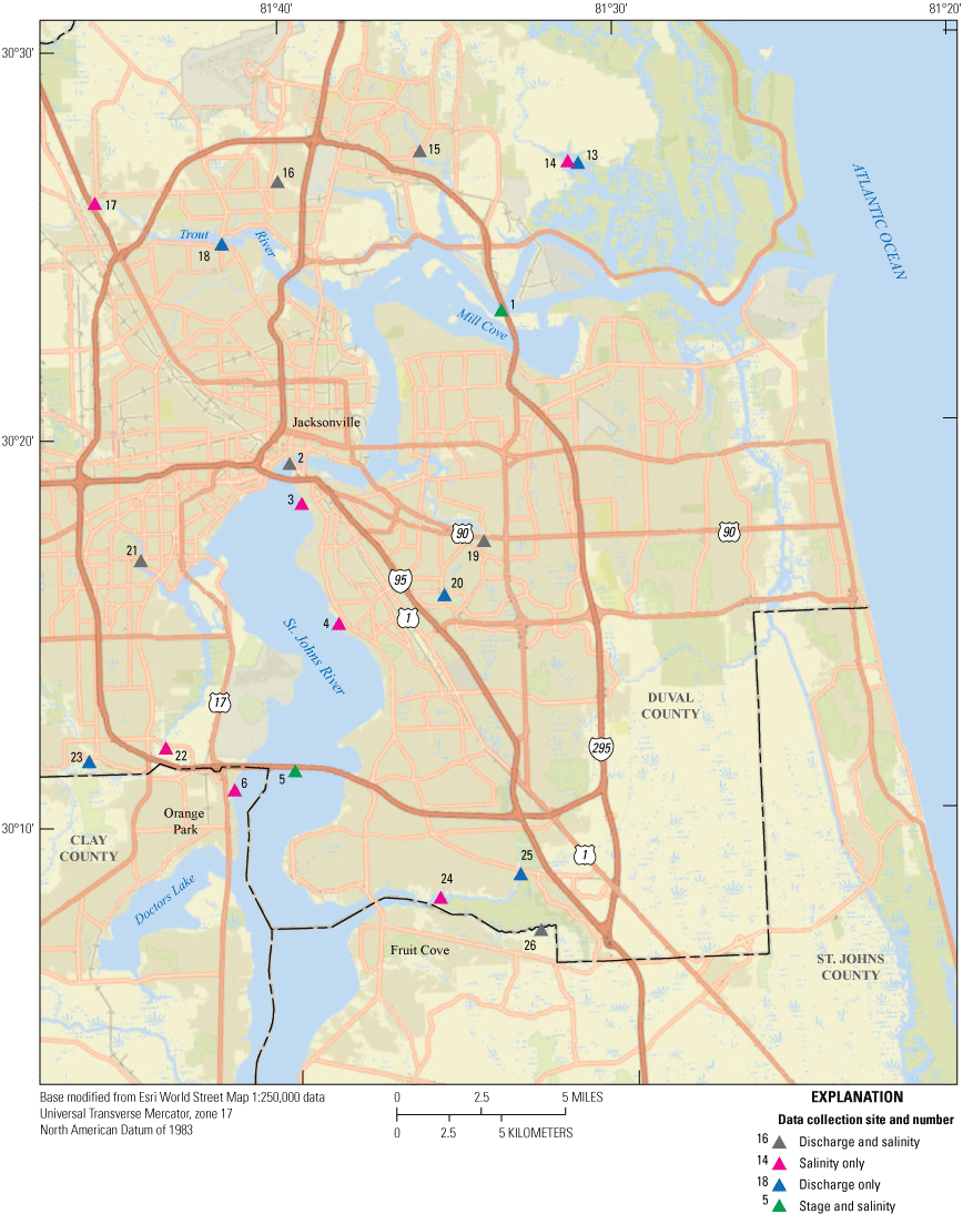 Figure 2. Map of data collection sites near the St. Johns River in Clay, Duval, and
                     St. Johns Counties.