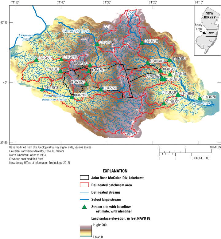 Blue lines representing delineated streams, a thicker blue line representing select
                     streams, green triangles representing stream sites with base-flow estimates, red polygons
                     representing catchment areas, black lines representing the outline of Joint Base McGuire-Dix-Lakehurst,
                     and topography represented by a color spectrum.