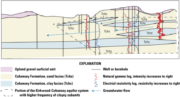 Colored polygons representing geologic units, blue arrows representing groundwater
                        flow, black lines representing boreholes, red lines representing natural gamma logs,
                        blue lines representing electrical resistivity logs, and dashed black line outlining
                        portion of the Kirkwood-Cohansey aquifer system with higher frequency of clayey subunits.