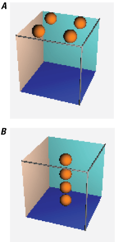 Cubes with small spheres representing particle placements.