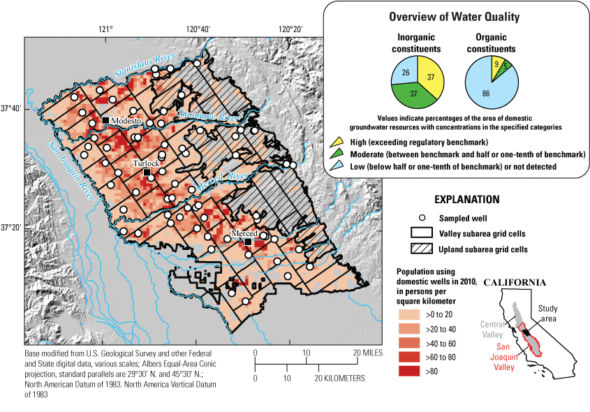 1.	Study-area boundaries with density of population using domestic wells, sampling
                     sites, and overview of water-quality results.