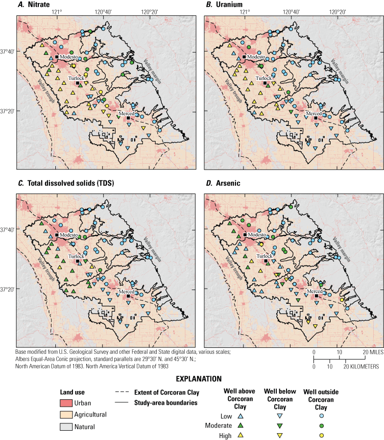 5.	Central Valley land use and geology for wells having low, moderate, or high concentrations
                        of selected inorganic constituents.