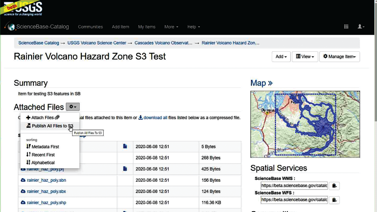 Figure 2. Image of a ScienceBase webpage titled “Rainier Volcano Hazard Zone S3 Test.”
                        The mouse cursor hovers over the “Publish All Files to S3” option under the settings
                        widget.