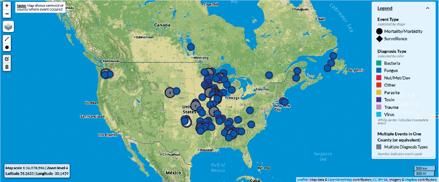 Figure 3. Map of United States and parts of Canada and Mexico showing locations of
                        bat white-nose syndrome outbreaks.