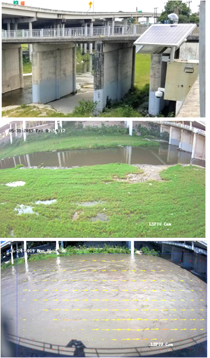 Figure 7. One image of a streamgage installed over a steam flowing under a bridge
                        and two images of the stream captured by the stramgage, one of which has yellow vector
                        arrows in the direction of flow.