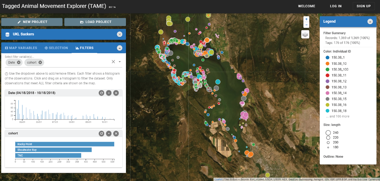 Figure 11. Tagged Animal Movement Explorer interface opened to a lake overlain by
                        circles of different colors and diameters along its perimeter. Open panels show map
                        legend, variables, selections, and filters.