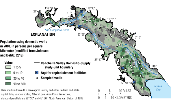  Map of study area shows locations of sampled wells, aquifer replenishment facilities,
                     and population density of domestic well users.