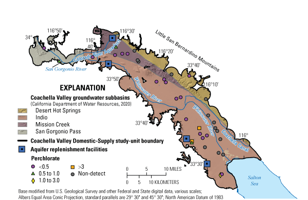  Map of study area with aquifer replenishment facilities, colored boundaries representing
                        subbasins, and colored markers at locations of sampled wells indicating detected concentration
                        range for perchlorate.