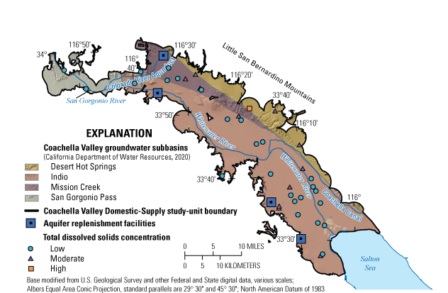  Map of study area with aquifer replenishment facilities, colored boundaries representing
                     subbasins, and colored markers at locations of sampled wells indicating low, moderate,
                     or high detected concentration for total dissolved solids.