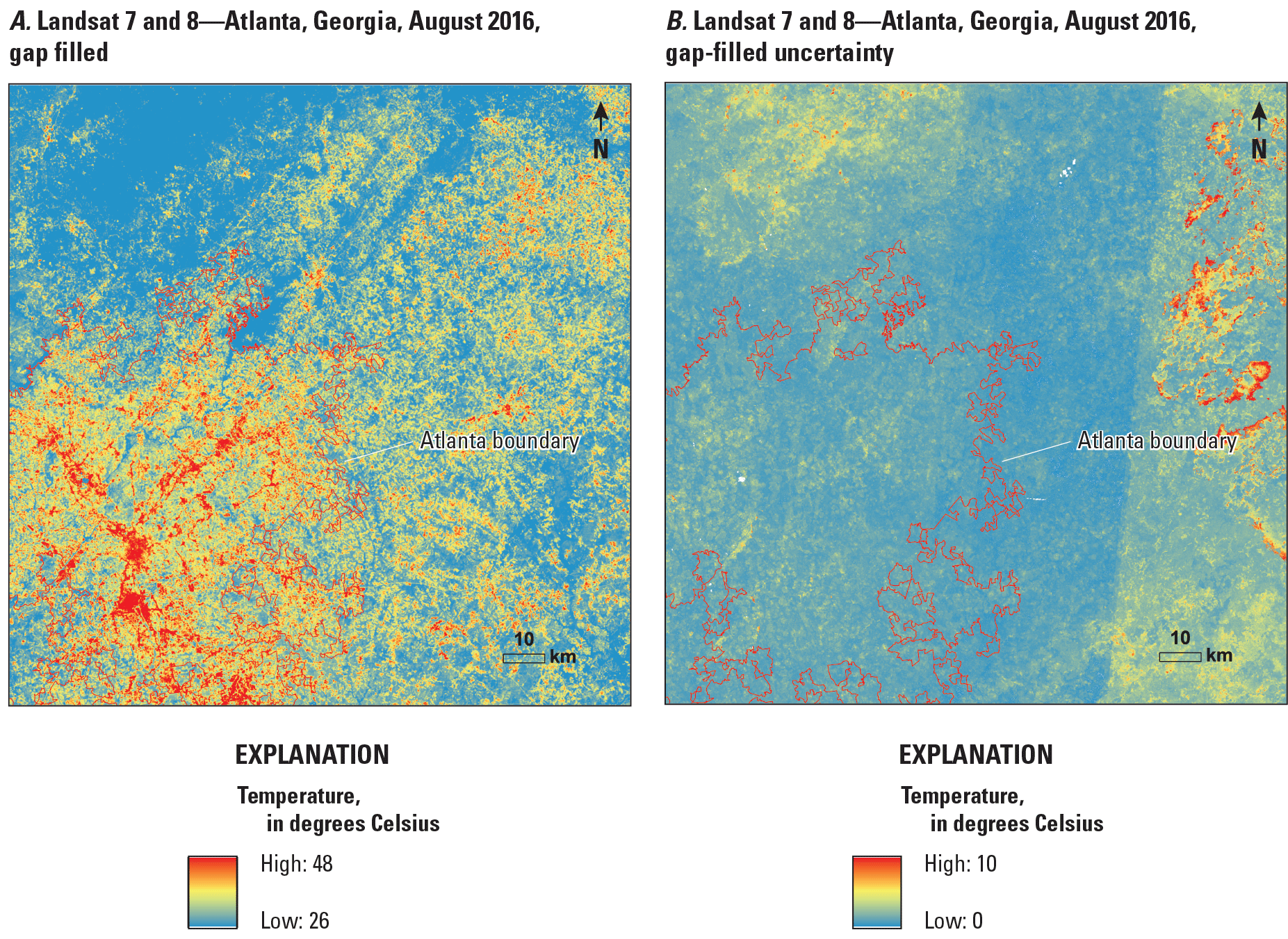 Gap-filled Landsat surface temperature and uncertainty map for Atlanta, Georgia, August
                        2016.