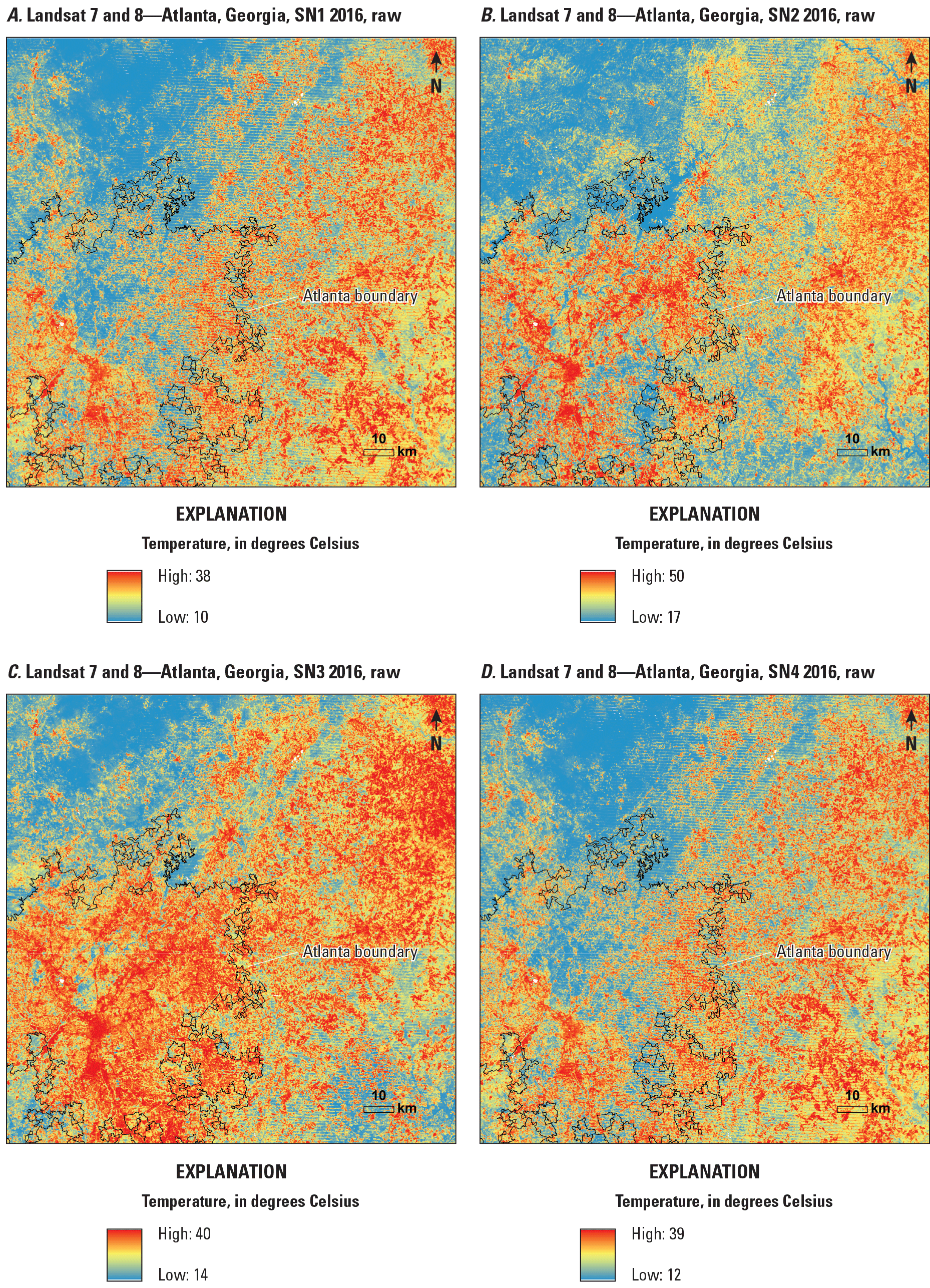 Seasonal means of Landsat surface temperature without gap-filling in Atlanta, Georgia,
                        2016.
