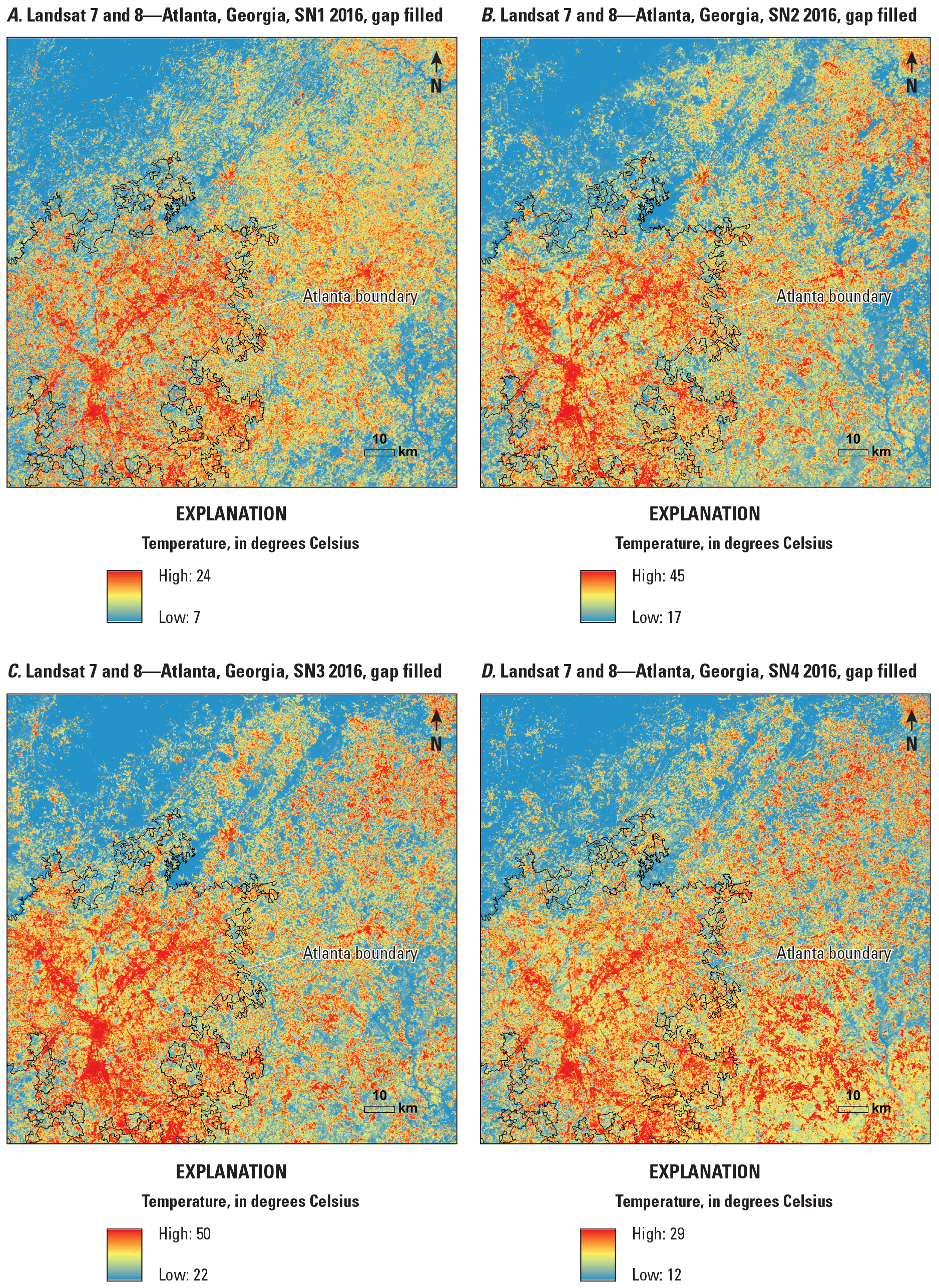 Seasonal means of gap-filled Landsat surface temperature in Atlanta, Georgia, 2016.
