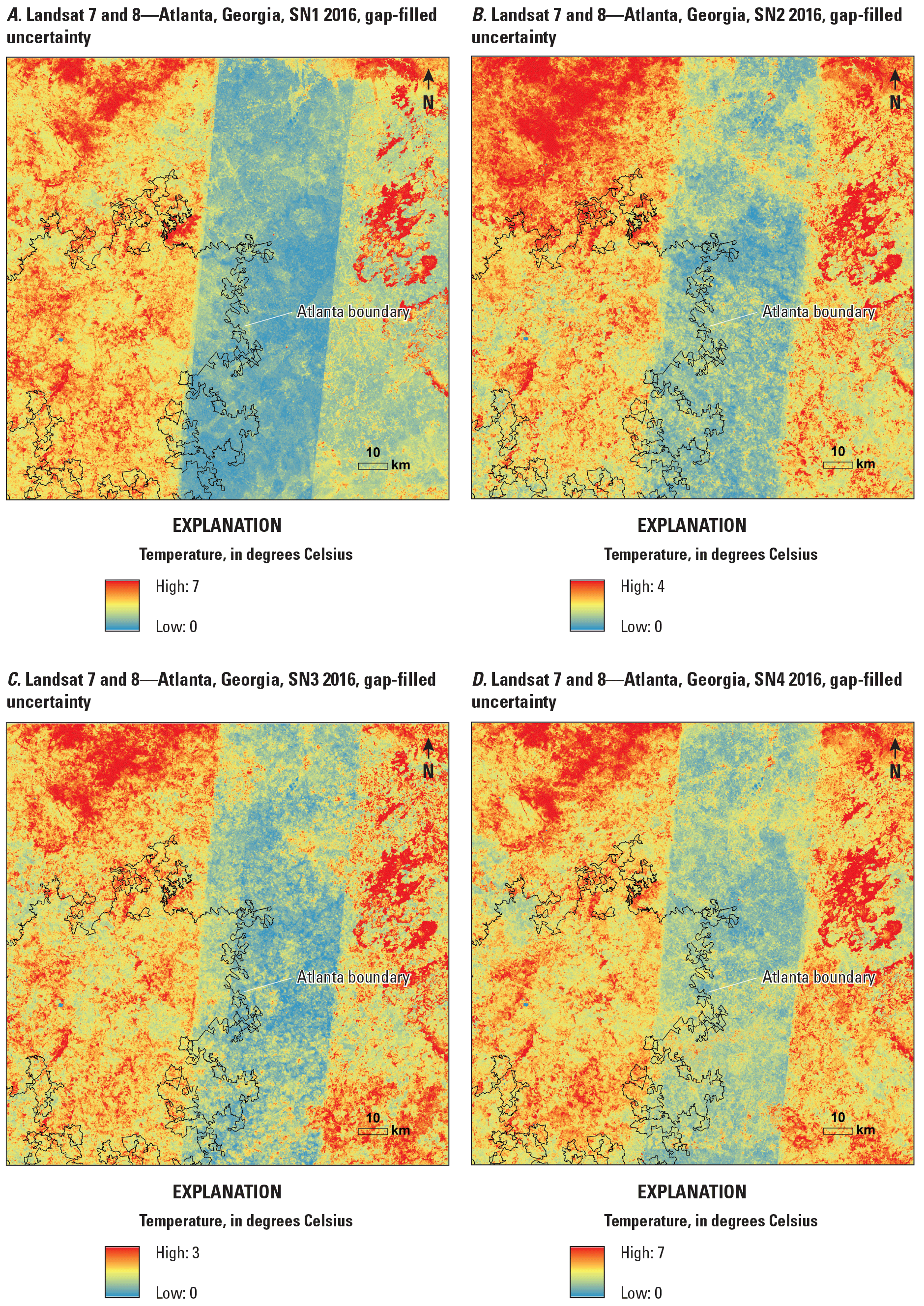 Uncertainty maps of seasonal gap-filed Landsat surface temperature in Atlanta, Georgia,
                        2016.